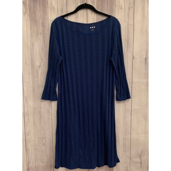 Three Dots Blue and Gray Striped Stretchy 3/4 Sleeve Dress Size XL - Picture 1 of 6